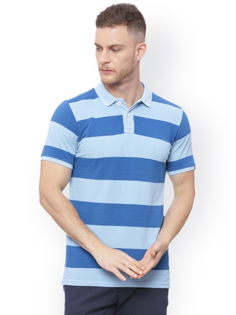

Basics Men Blue Striped Polo Collar T-shirt