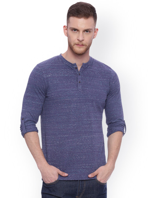 

Basics Men Blue Solid Henley Neck T-shirt