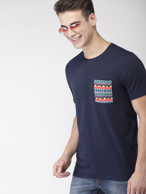 

Mast & Harbour Men Navy Solid Round Neck T-shirt with Pocket Detailing, Navy blue
