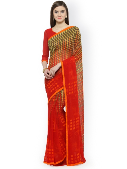 

Shaily Mustard Yellow & Red Pure Georgette Printed Saree