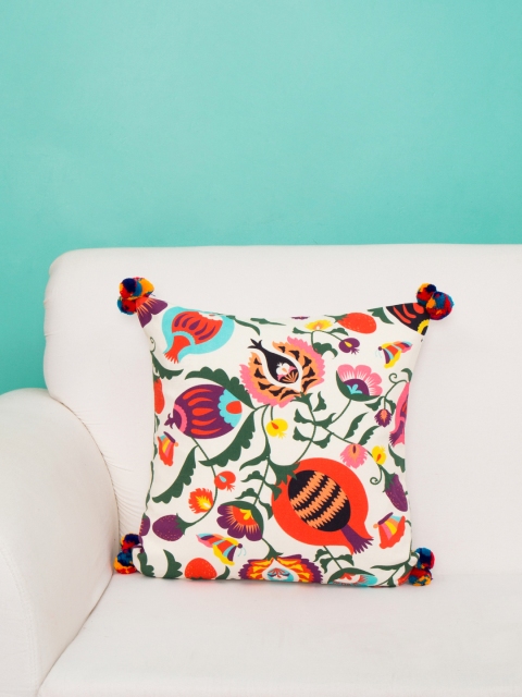 

Chumbak Off-White Single Floral Square Cushion Cover with Pom-Poms