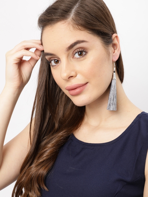 

Ayesha Grey & Silver-Toned Contemporary Grey Tassel Long Drop Earrings
