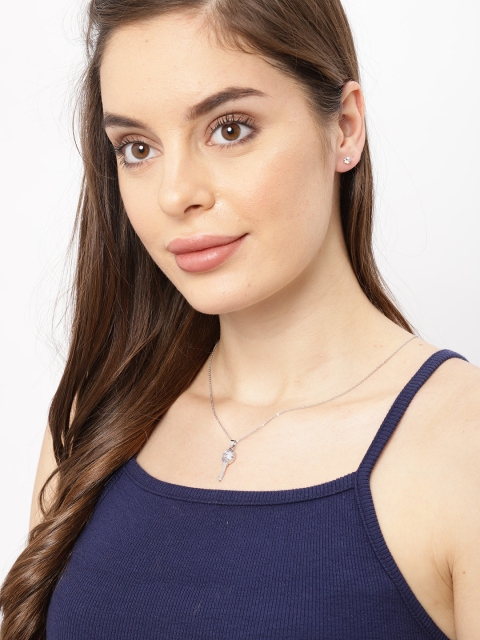 

Ayesha Women Set of 2 Key Studded Pendant Necklace & Diamante Earrings, Silver