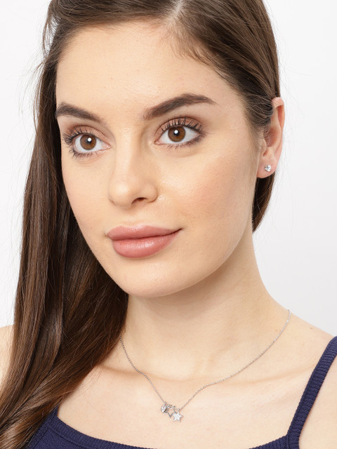 

Ayesha Metallic Silver Pendants with Chain & Stud Earrings