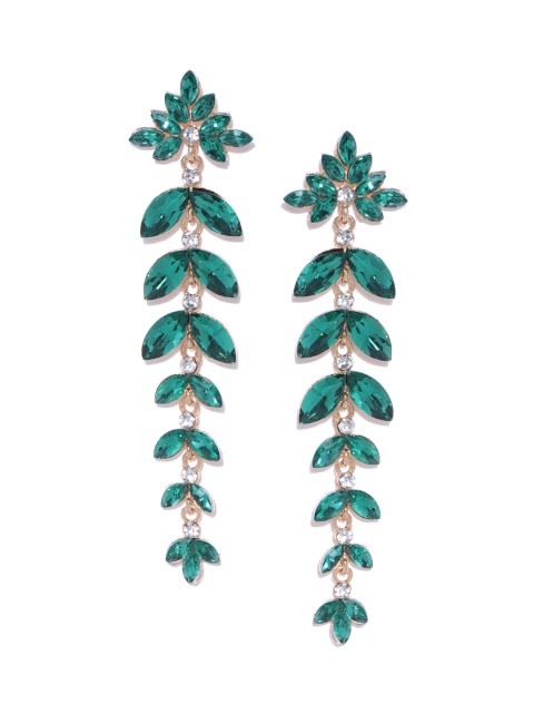 

YouBella Green Gold-Plated Stone-Studded Leaf Shaped Drop Earrings