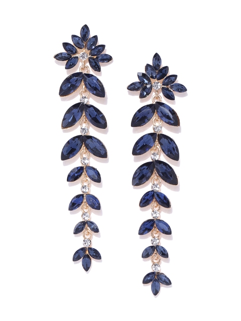

YouBella Navy Gold-Plated Stone-Studded Leaf Shaped Drop Earrings, Navy blue