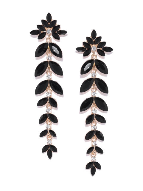 

YouBella Black Gold-Plated Stone-Studded Leaf Shaped Drop Earrings