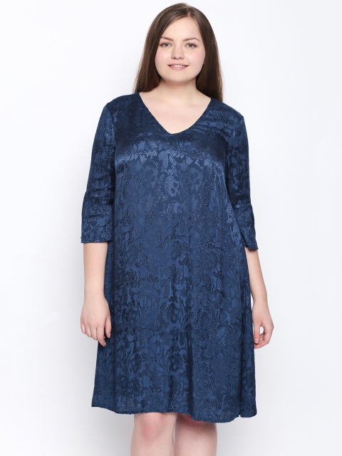 

JUNAROSE Plus Size Women Teal Blue Self Design A-Line Dress