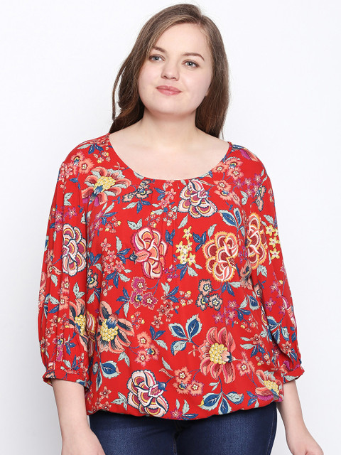 

JUNAROSE Plus Size Women Red Floral Printed Blouson Top