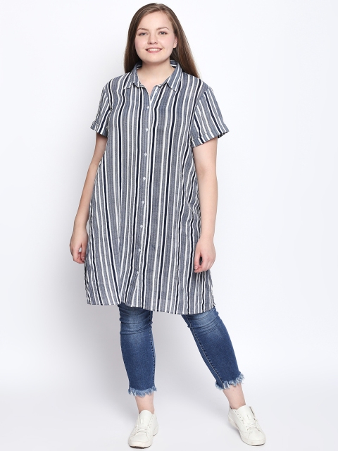 

JUNAROSE Plus Size White Navy Blue Striped Tunic