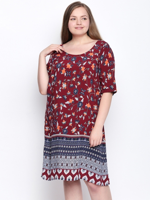 

JUNAROSE Plus Size Women Maroon Printed A-Line Dress