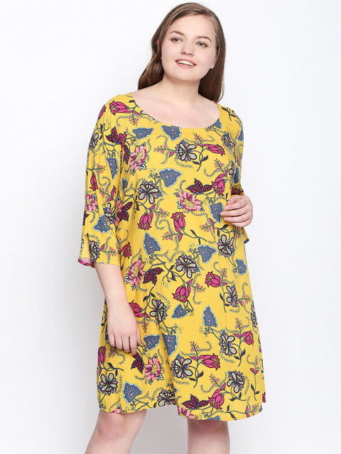 

JUNAROSE Plus Size Women Yellow Printed A-Line Dress