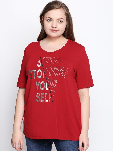 

JUNAROSE Plus Size Women Red Printed V-Neck T-shirt