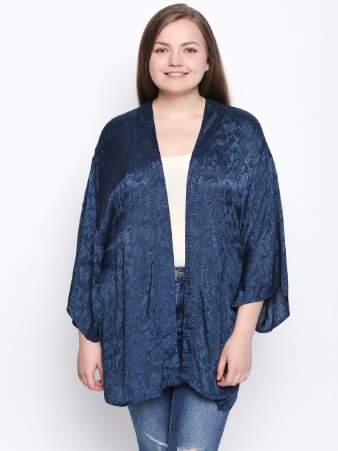 

JUNAROSE Plus Size Blue Self Design Longline Shrug
