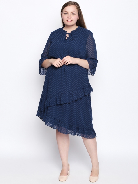 

JUNAROSE Plus Size Women Navy Blue Self Design A-Line Dress