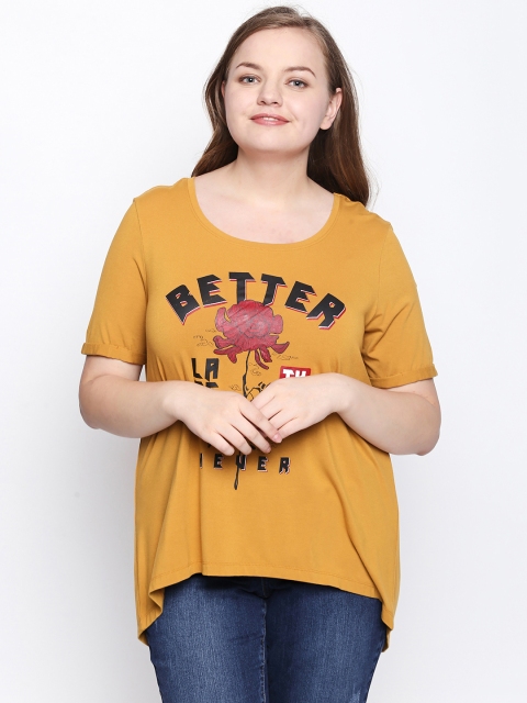 

JUNAROSE Plus Size Women Mustard Printed Round Neck T-shirt