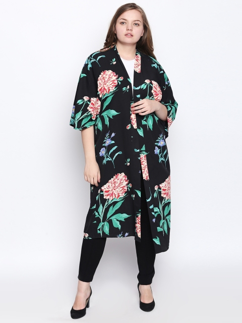 

JUNAROSE Plus Size Black Green Printed Open Front Longline Shrug