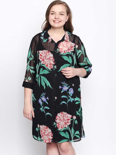 

JUNAROSE Plus Size Women Black Green Printed Sheer Shirt Dress