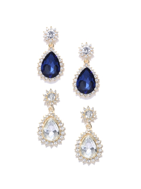 

Crunchy Fashion Blue & White Set of 2 Teardrop Shaped Drop Earrings