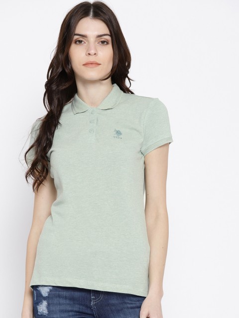 

U.S. Polo Assn. Women Green Solid Polo Collar T-shirt