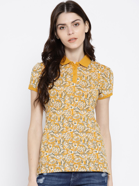 

U.S. Polo Assn. Women Mustard Yellow Printed Polo Collar T-shirt