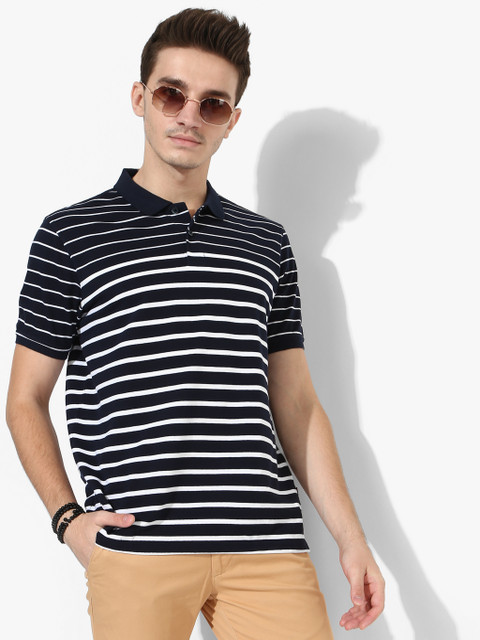 

Peter England Casuals Men Navy Blue Striped Polo Collar T-shirt