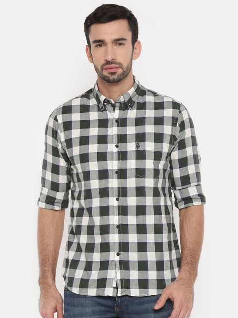 

U.S. Polo Assn. Men Green & White Tailored Fit Checked Casual Shirt