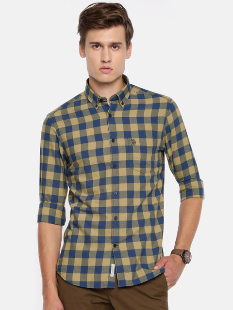 

U.S. Polo Assn. Men Beige & Blue Tailored Fit Checked Casual Shirt