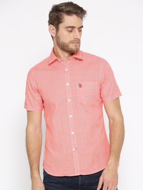 

U.S. Polo Assn. Men Coral Pink & White Tailored Fit Printed Casual Shirt