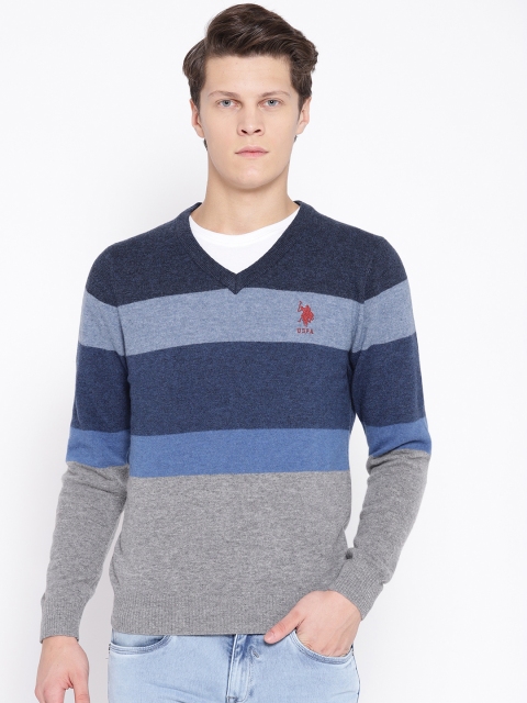 

U.S. Polo Assn. Men Blue & Grey Melange Colourblocked Sweater