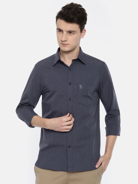 

U.S. Polo Assn. Men Navy Tailored Fit Solid Casual Shirt, Navy blue
