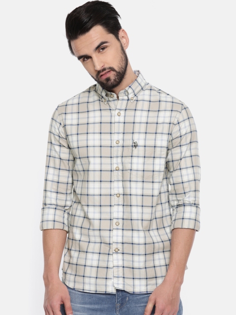 

U.S. Polo Assn. Men Beige & Blue Tailored Fit Checked Casual Shirt