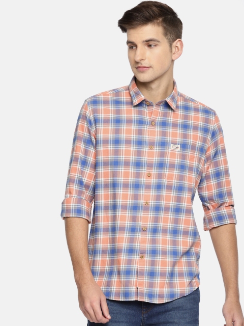 

U.S. Polo Assn. Denim Co. Men Peach-Coloured & Blue Slim Fit Checked Casual Shirt