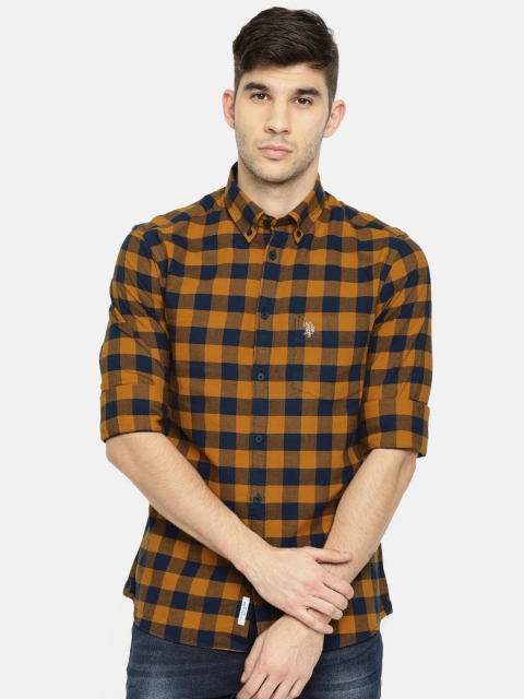 

U.S. Polo Assn. Men Mustard Yellow & Navy Blue Tailored Fit Checked Casual Shirt