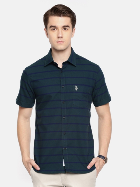 

U.S. Polo Assn. Men Green & Navy Blue Tailored Fit Striped Casual Shirt