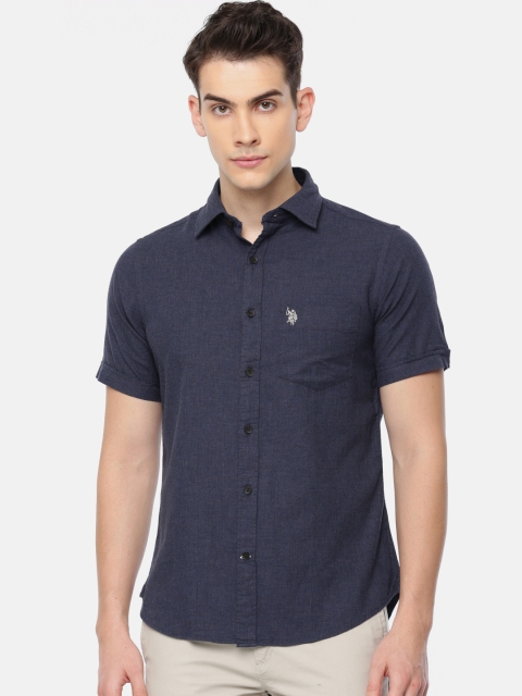 

U.S. Polo Assn. Men Navy Tailored Fit Solid Casual Shirt, Navy blue