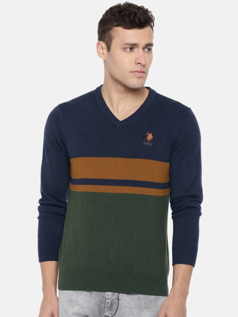 

U.S. Polo Assn. Men Green & Navy Blue Colourblocked Pullover