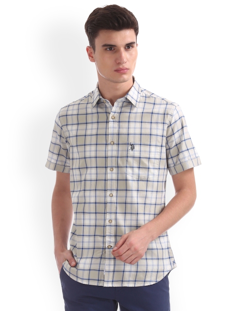 

U.S. Polo Assn. Men Beige & Blue Regular Fit Checked Casual Shirt