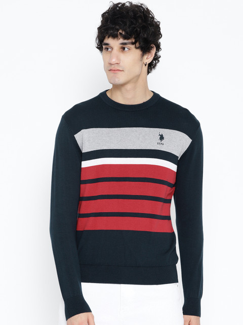 

U.S. Polo Assn. Men Navy Blue & Red Striped Pullover