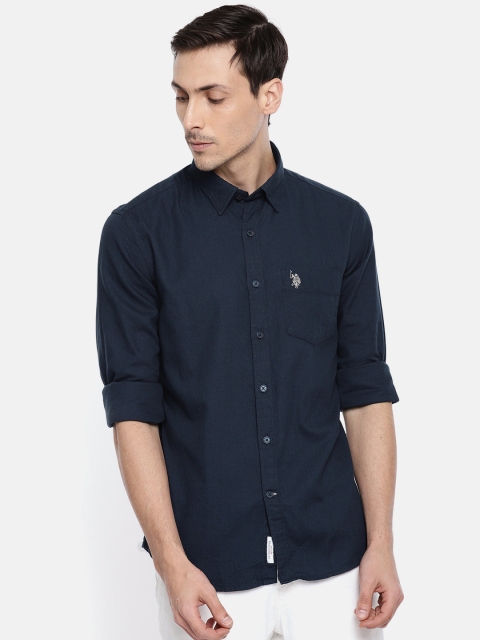 

U.S. Polo Assn. Men Navy Tailored Fit Solid Casual Shirt, Navy blue