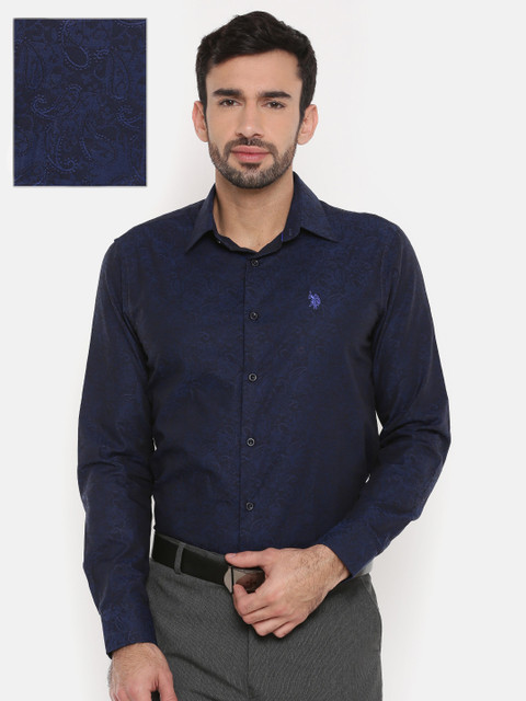 

U.S. Polo Assn. Men Navy Tailored Fit Self Design Formal Shirt, Navy blue