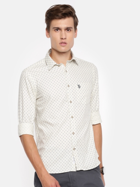 

U.S. Polo Assn. Men Cream-Coloured Tailored Fit Printed Casual Shirt