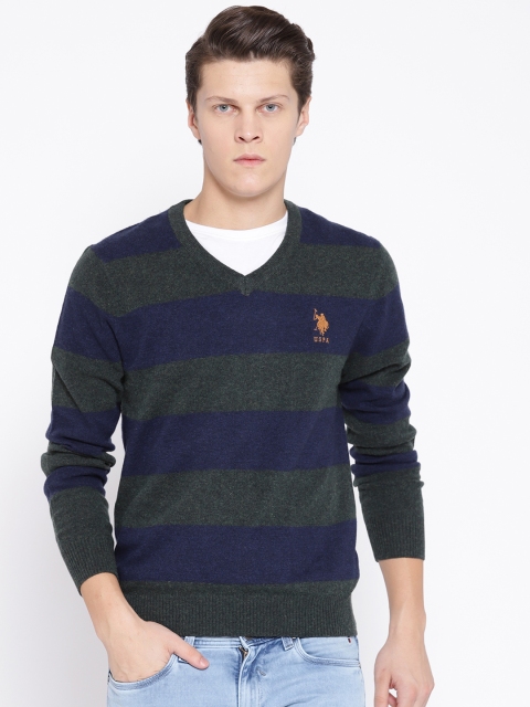 

U.S. Polo Assn. Men Navy Blue & Olive Green Striped Sweater