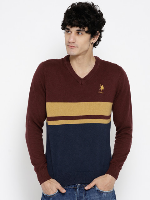 

U.S. Polo Assn. Men Maroon & Navy Blue Colourblocked Pullover