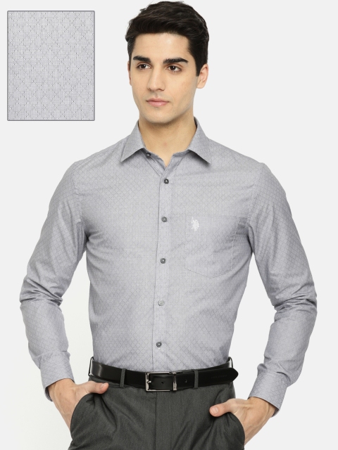 

U.S. Polo Assn. Men Grey Tailored Fit Self Design Casual Shirt