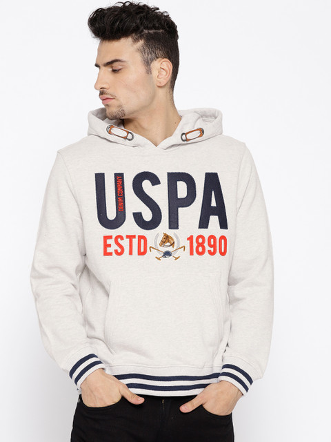 

U.S. Polo Assn. Denim Co. Men Grey Melange Printed Hooded Sweatshirt