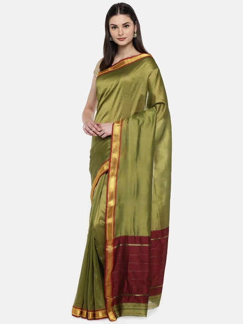 

Ishin Green & Maroon Poly Silk Solid Banarasi Saree