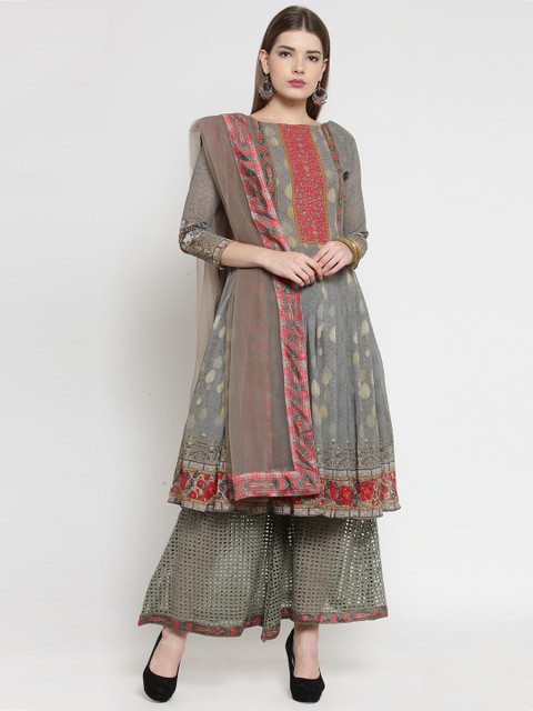 

mf Olive Green & Grey Poly Georgette Semi-Stitched Dress Material