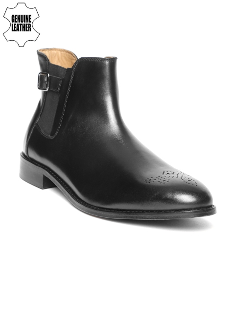 

Louis Philippe Men Black Solid Leather Mid-Top Flat Boots