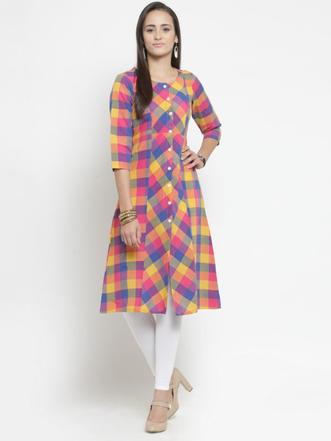 

Jompers Women Pink & Yellow Checked A-Line Kurta